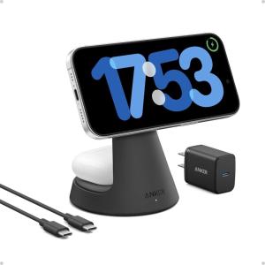 Anker MagSafe Compatible 2-in-1 Charging Stand, iPhone 16 Wireless Charger, Qi2 Certified 15W Ultra-Fast,Adjustable and Super Strong,for iPhone 16/15/14/13/12 Series,AirPods (Black, No Adapter)(Black)