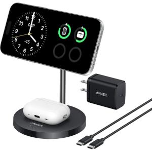 Anker MagSafe Compatible MagGo Charger Stand, iPhone 17 Wireless Charger, 2-in-1 Charging Station, Qi2 Certified 15W Fast Charging, for iPhone 17/16/15/14/13/12, AirPods Pro (Black, No Adapter)(Black)