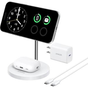 Anker MagSafe Compatible MagGo Charger Stand, iPhone 17 Wireless Charger, 2-in-1 Charging Station, Qi2 Certified 15W Fast Charging, for iPhone 17/16/15/14/13/12, AirPods Pro (Black, No Adapter)(White)