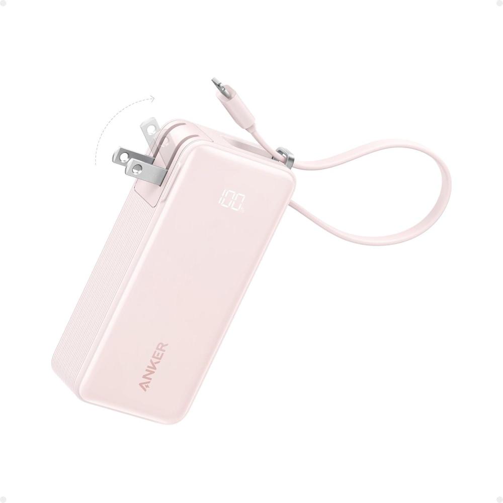 imageAnker Nano 3in1 Portable iPhone Charger 10000mAh Power Bank with Builtin USBC Cable and Foldable Wall Plug 30W Max Battery Pack Travel Essentials for iPhone 171615 Series Galaxy MacBookLightning CablePink