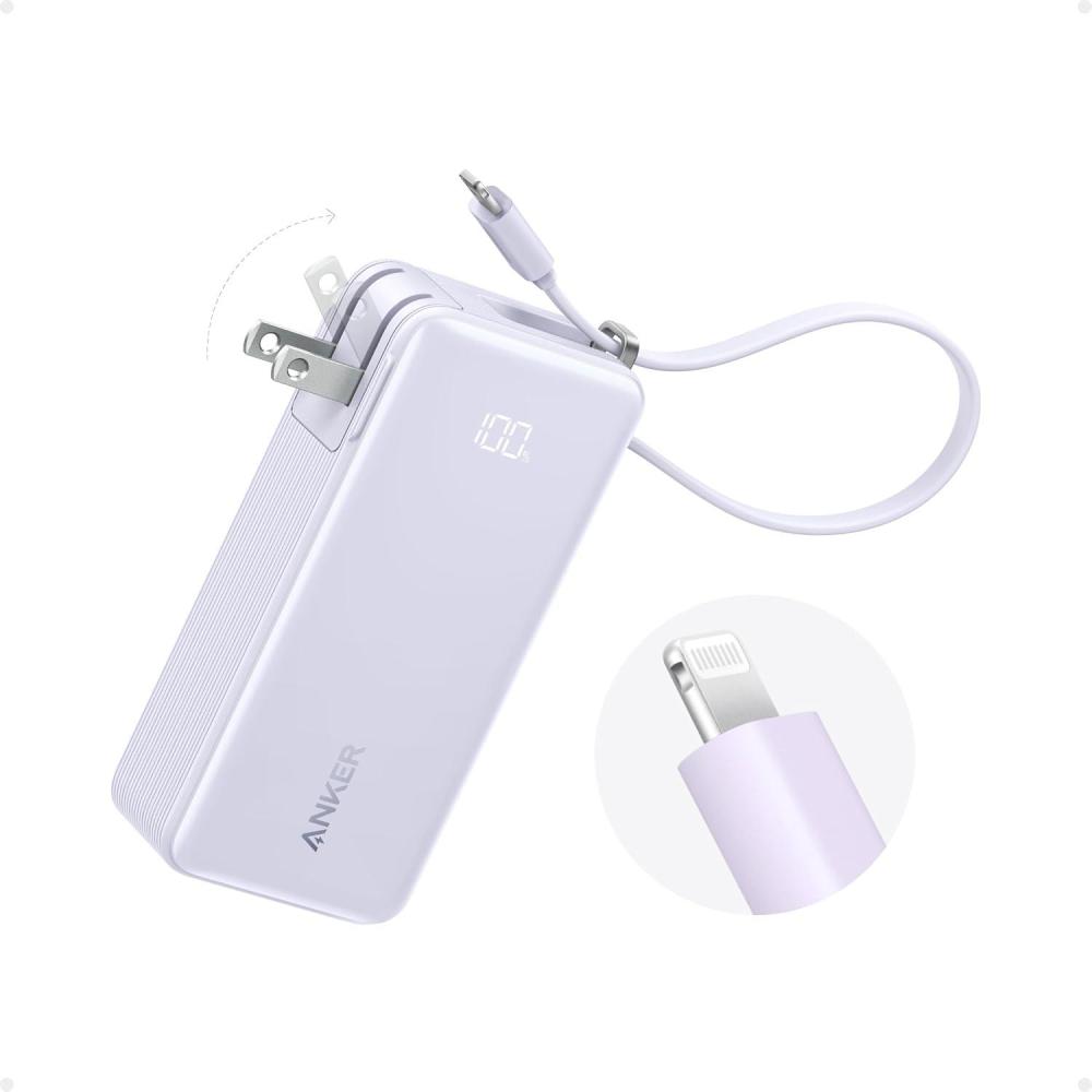 imageAnker Nano 3in1 Portable iPhone Charger 10000mAh Power Bank with Builtin USBC Cable and Foldable Wall Plug 30W Max Battery Pack Travel Essentials for iPhone 171615 Series Galaxy MacBookLightning CableViolet