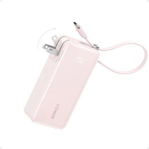 Anker Nano 3-in-1 Portable iPhone Charger, 10,000mAh Power Bank with Built-in USB-C Cable and Foldable Wall Plug, 30W Max Battery Pack, Travel Essentials for iPhone 17/16/15 Series, Galaxy, MacBook(Type C Cable（Pink）)