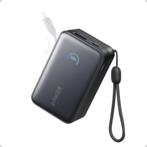 Anker Nano Portable Charger, 10,000mAh 45W Max Compact Power Bank, Travel Essential Phone Battery Pack with 2.3 ft InstaCord Retractable Cable for iPhone 17/16 Series, iPad, Galaxy, Pixel, and More(Black)