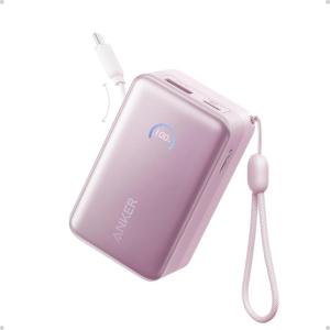 Anker Nano Portable Charger, 10,000mAh 45W Max Compact Power Bank, Travel Essential Phone Battery Pack with 2.3 ft InstaCord Retractable Cable for iPhone 17/16 Series, iPad, Galaxy, Pixel, and More(Pink)