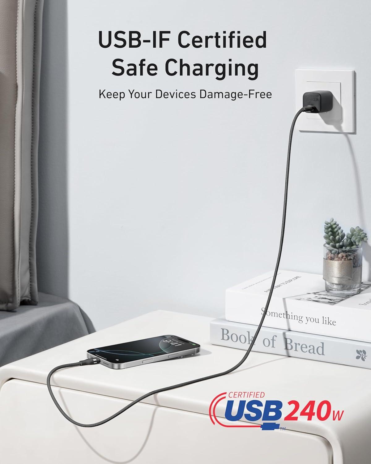 imageAnker Nano USB C Cable 240W Flexible MultiColor Braided Cord Fast Charging Type C Charger for iPhone 17 Series MacBook Pro and More White 6ftBlack