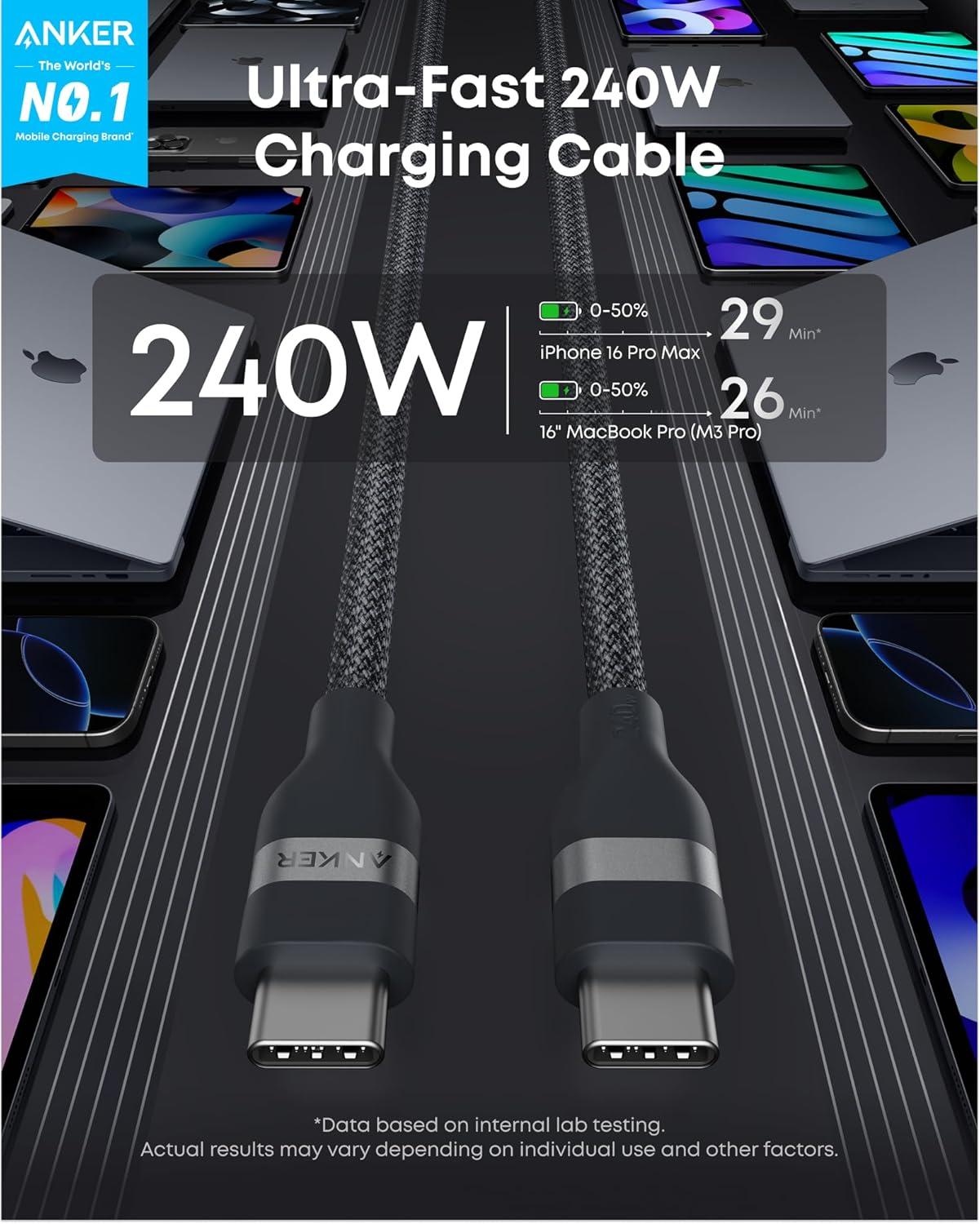imageAnker Nano USB C Cable 240W Flexible MultiColor Braided Cord Fast Charging Type C Charger for iPhone 17 Series MacBook Pro and More White 6ftBlack
