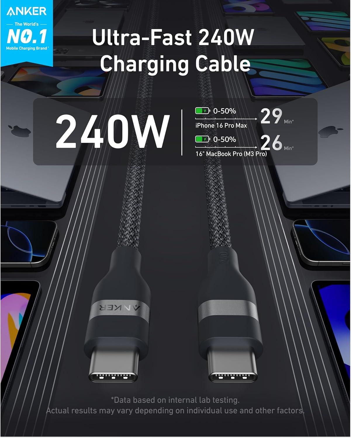 imageAnker Nano USB C Cable 240W Flexible MultiColor Braided Cord Fast Charging Type C Charger for iPhone 17 Series MacBook Pro and More White 6ftBlack