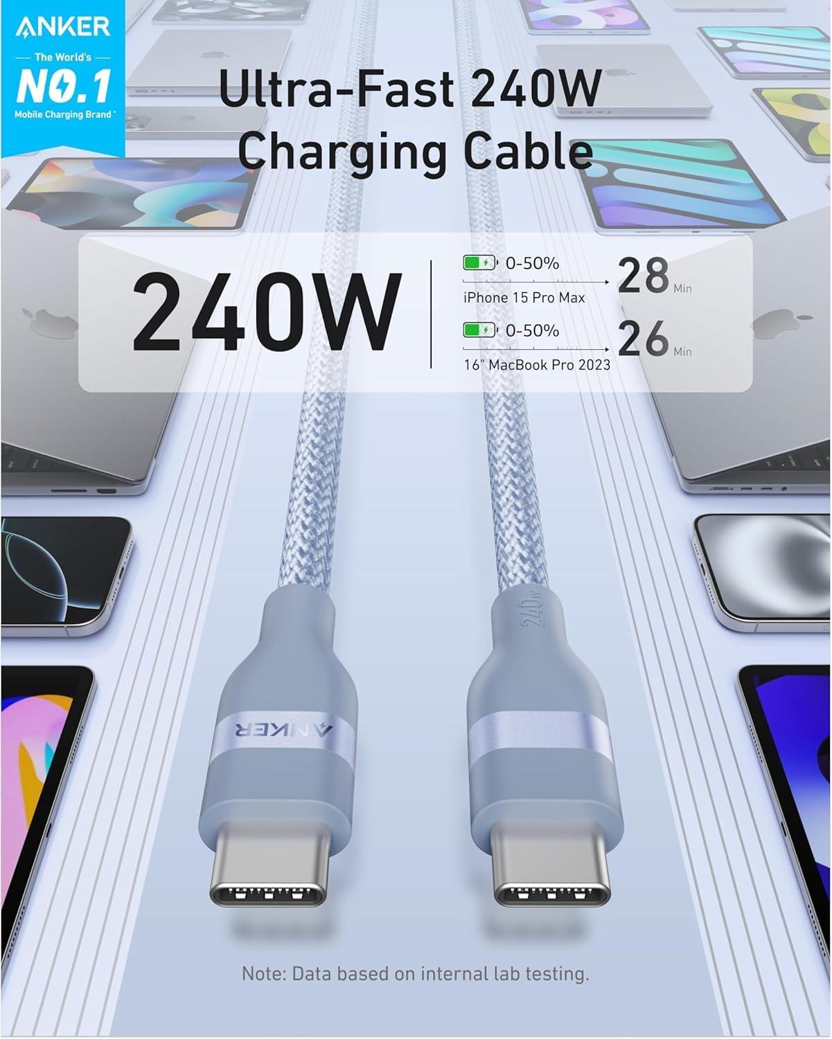 imageAnker Nano USB C Cable 240W Flexible MultiColor Braided Cord Fast Charging Type C Charger for iPhone 17 Series MacBook Pro and More White 6ftBlue