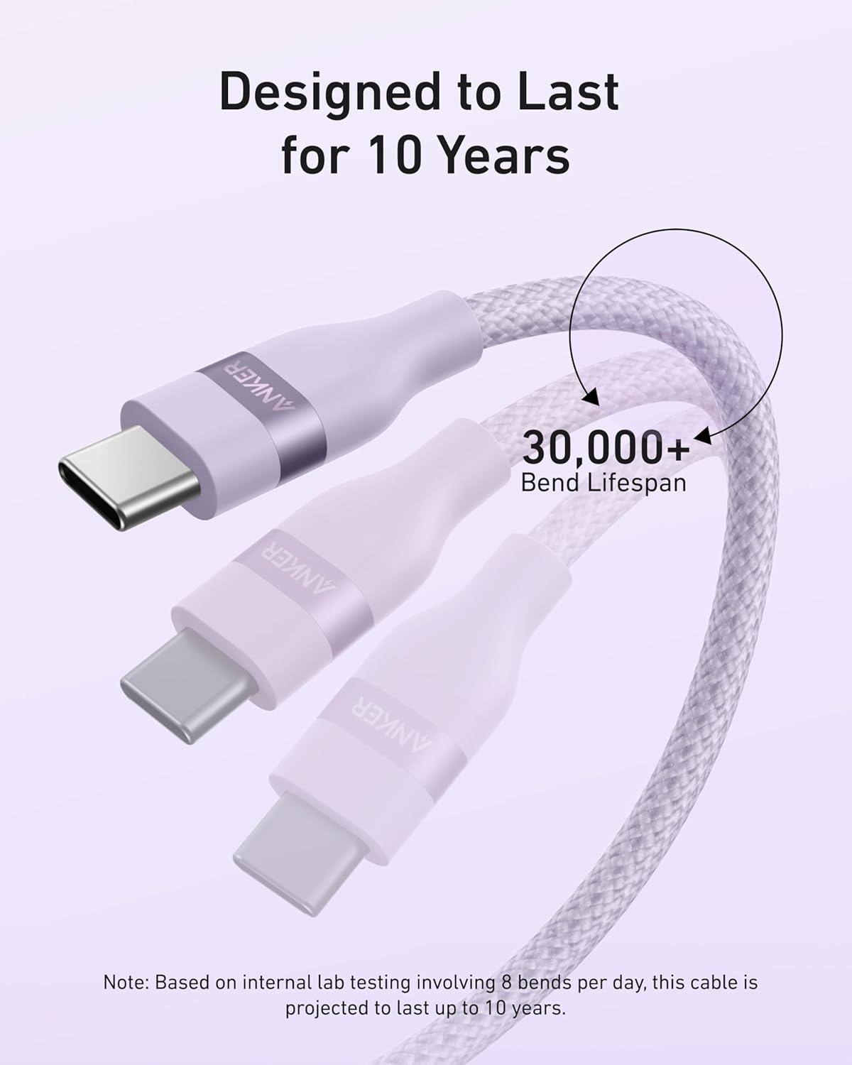 imageAnker Nano USB C Cable 240W Flexible MultiColor Braided Cord Fast Charging Type C Charger for iPhone 17 Series MacBook Pro and More White 6ftPurple