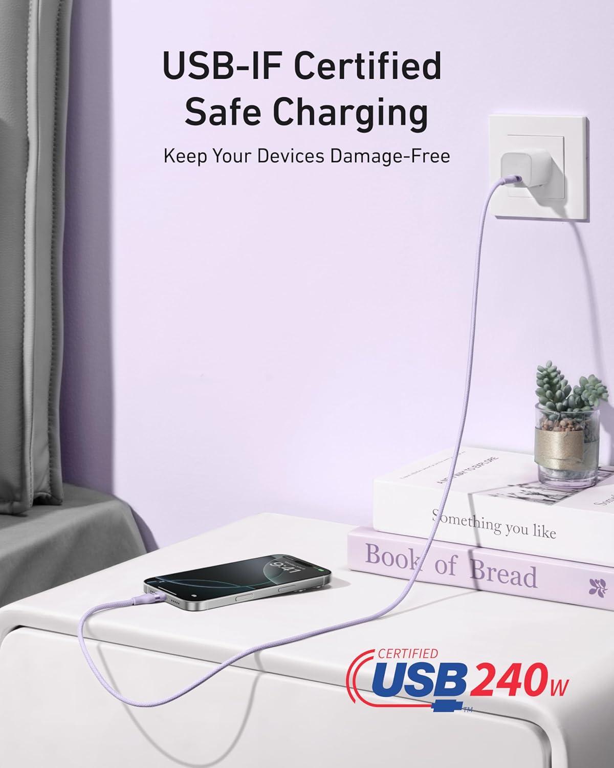 imageAnker Nano USB C Cable 240W Flexible MultiColor Braided Cord Fast Charging Type C Charger for iPhone 17 Series MacBook Pro and More White 6ftPurple