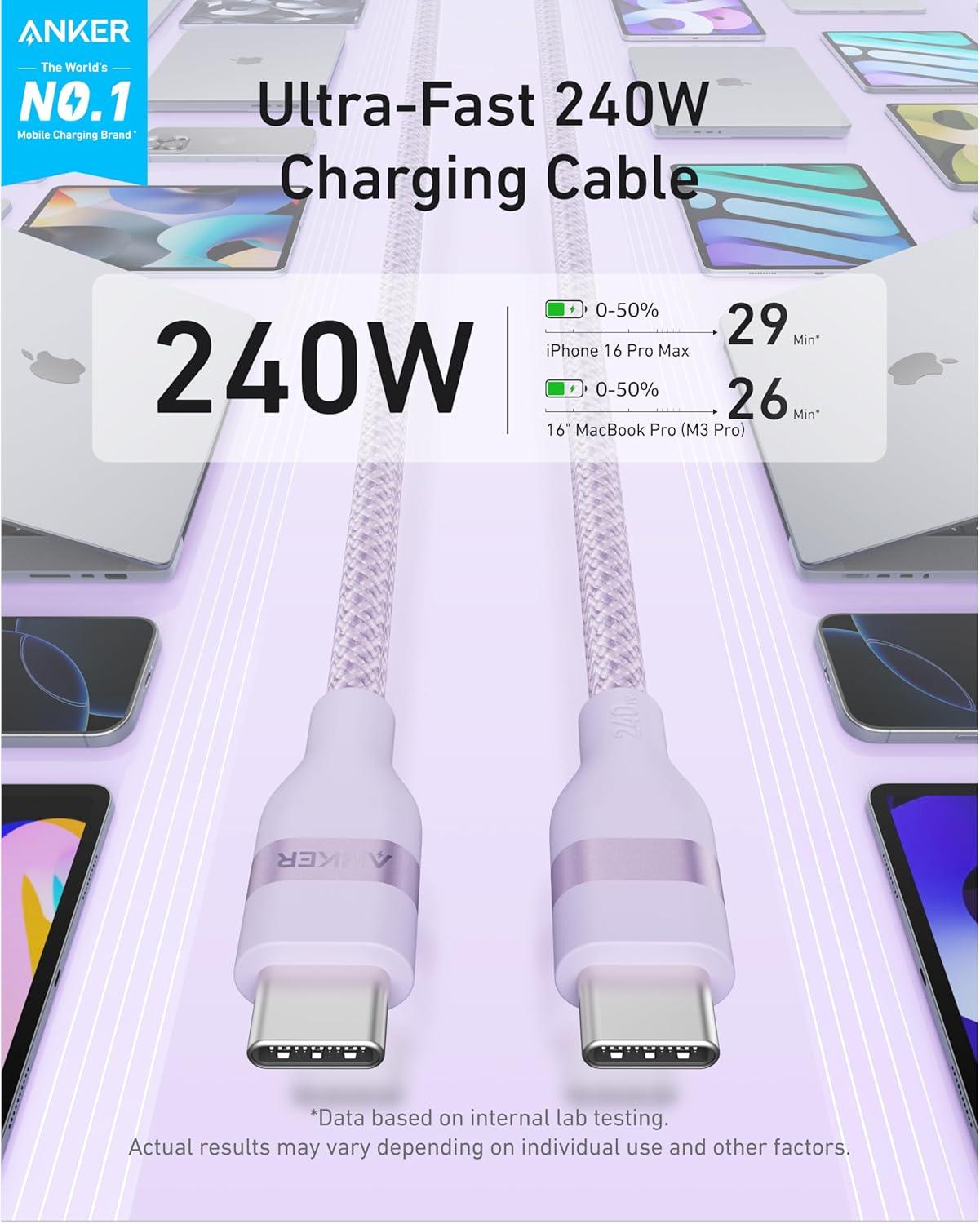 imageAnker Nano USB C Cable 240W Flexible MultiColor Braided Cord Fast Charging Type C Charger for iPhone 17 Series MacBook Pro and More White 6ftPurple