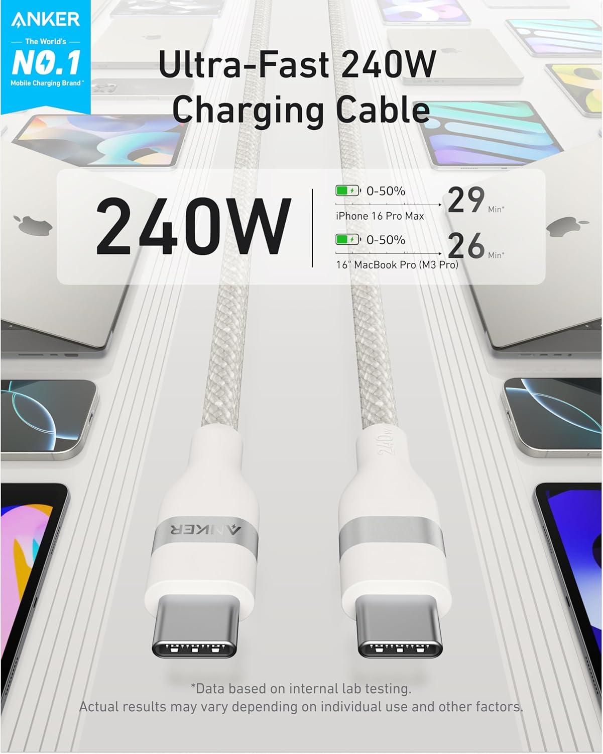 imageAnker Nano USB C Cable 240W Flexible MultiColor Braided Cord Fast Charging Type C Charger for iPhone 17 Series MacBook Pro and More White 6ftWhite