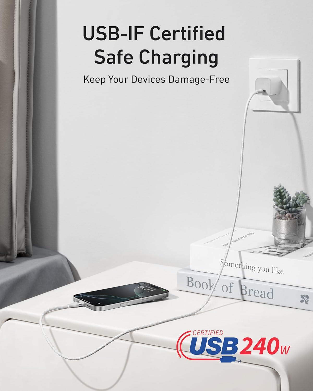 imageAnker Nano USB C Cable 240W Flexible MultiColor Braided Cord Fast Charging Type C Charger for iPhone 17 Series MacBook Pro and More White 6ftWhite