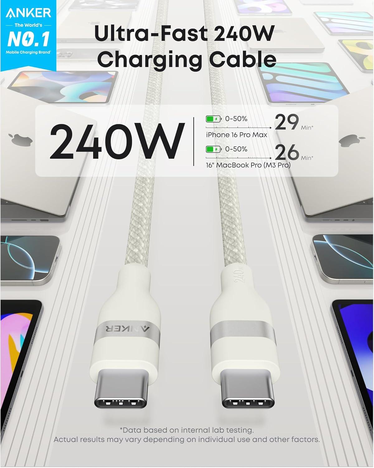 imageAnker Nano USB C Cable 240W Flexible MultiColor Braided Cord Fast Charging Type C Charger for iPhone 17 Series MacBook Pro and More White 6ftWhite