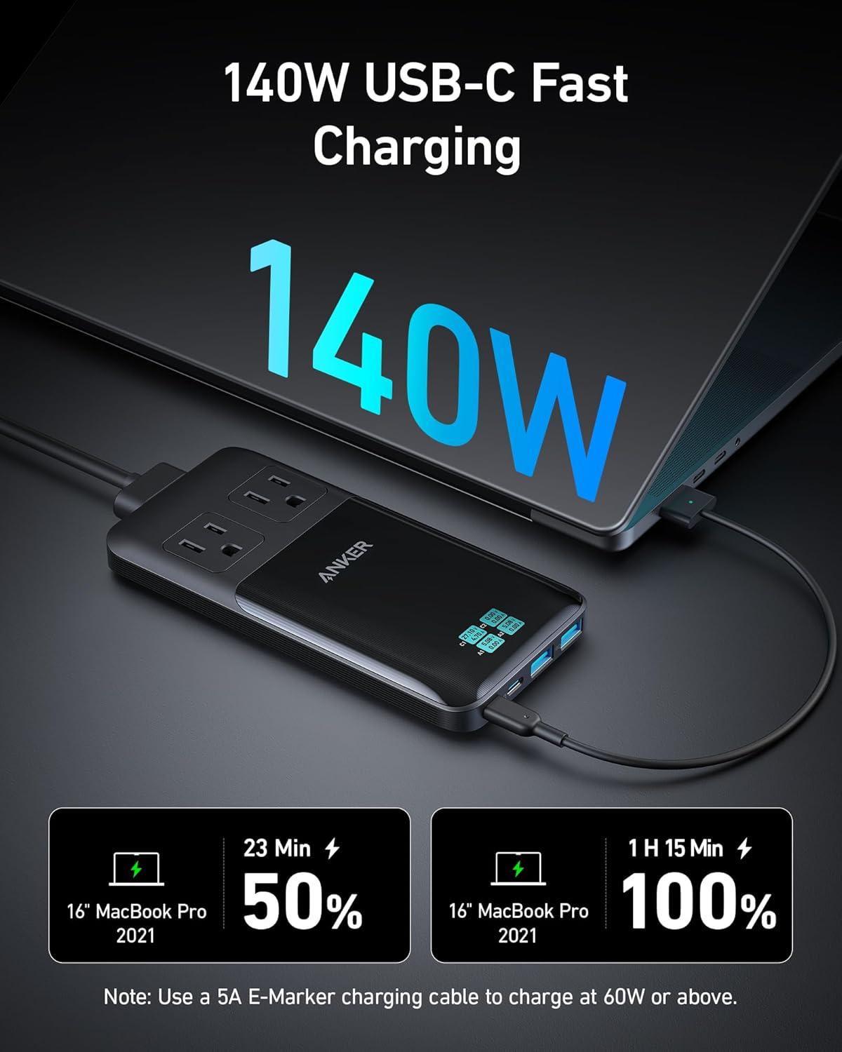 imageAnker Prime 6in1 USB C Charging Station 140W Compact Power Strip for Work and Travel 5 ft Detachable Extension Cord with 6 Ports for iPhone 1515 Plus15 Pro15 Pro MaxNonBattery NonWireless