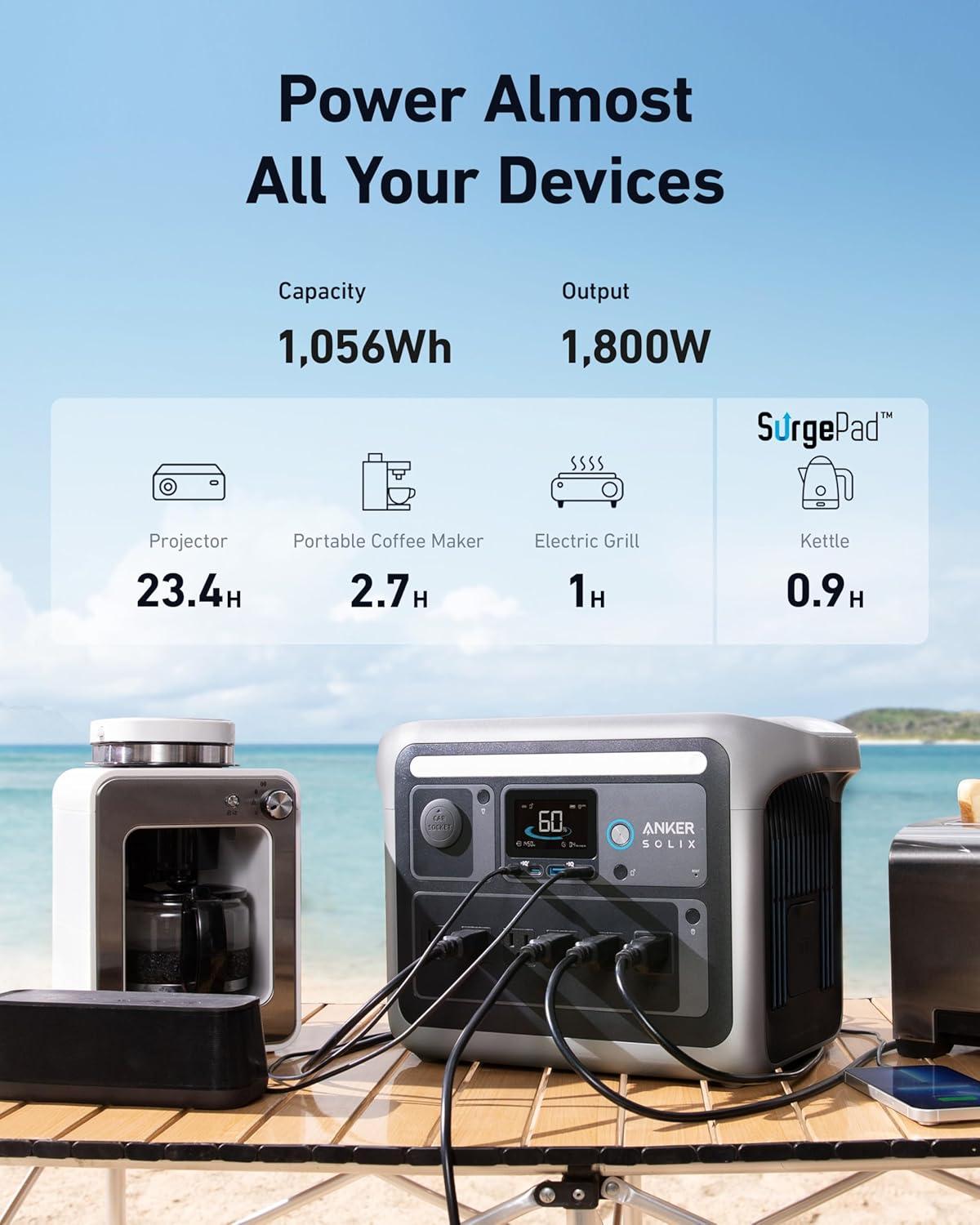 imageAnker SOLIX C1000 Portable Power Station with 200W Solar Panel 1800W Solar Generator 1056wh LFP LiFePO4 Battery 6 AC Outlets Up to 2400W for Home Power Outages and Outdoor CampingAlternator ChargerSOLIX C1000
