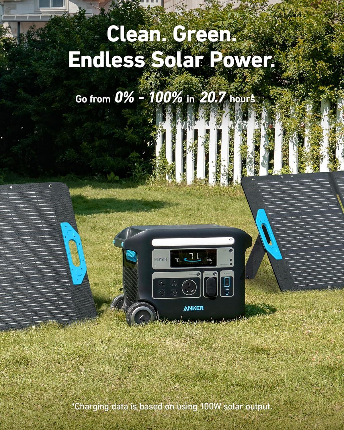 imageAnker SOLIX F2000 Portable Power Station PowerHouse 767 2048Wh GaNPrime Solar Generator with 100W Solar Panel LiFePO4 Batteries 4 AC Outlets Up to 2400W for Home Power Outage Outdoor Camping100W Solar PanelAnker SOLIX F2000