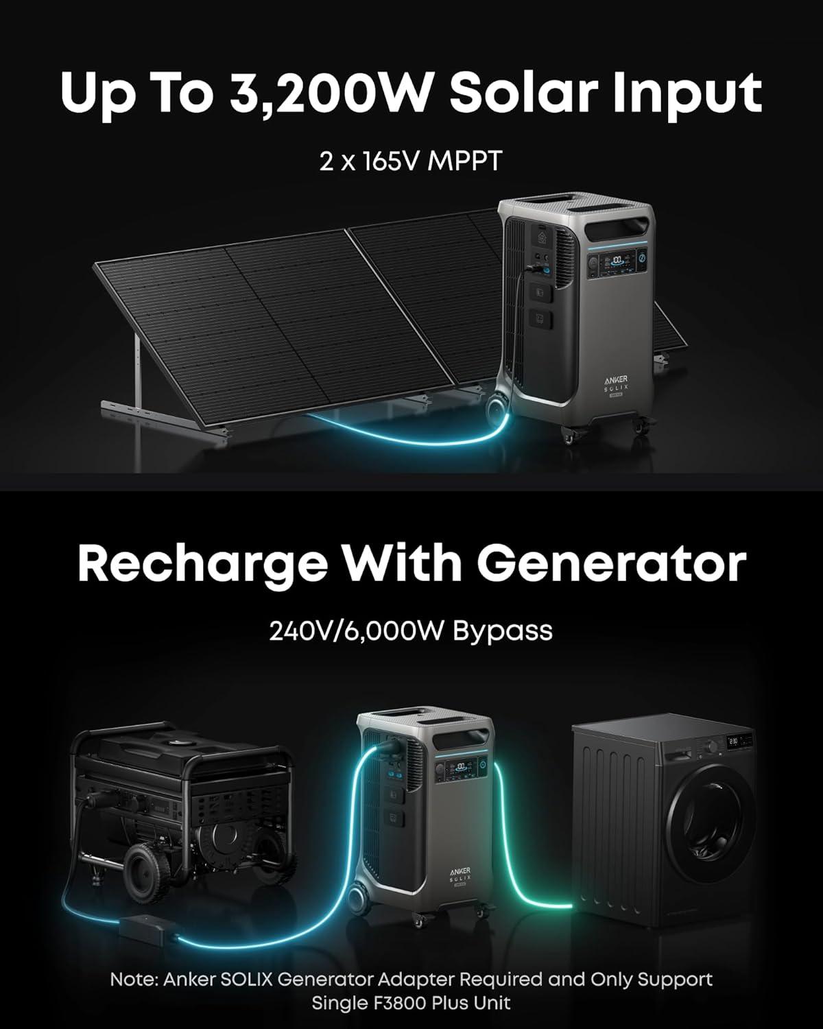 imageAnker SOLIX F3800 Plus Portable Power Station with Double Power Hub and 2x400W Solar Panels 768kWh 12000W AC Output Generators for Home Use Works with Generator For Power Outage and EmergenciesAnker SOLIX F3800 Plus