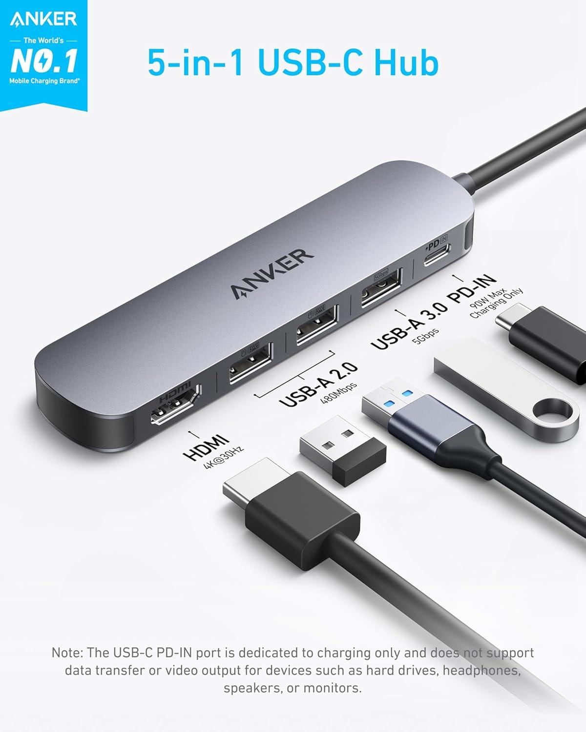 imageAnker USB C Hub 5in1 USB Hub for Laptops 4K HDMI Multiport Adapter with 90W Max Power Delivery USBC amp USBA Data Ports USB C Dongle Compact for MacBook Dell and More Charger Not Included
