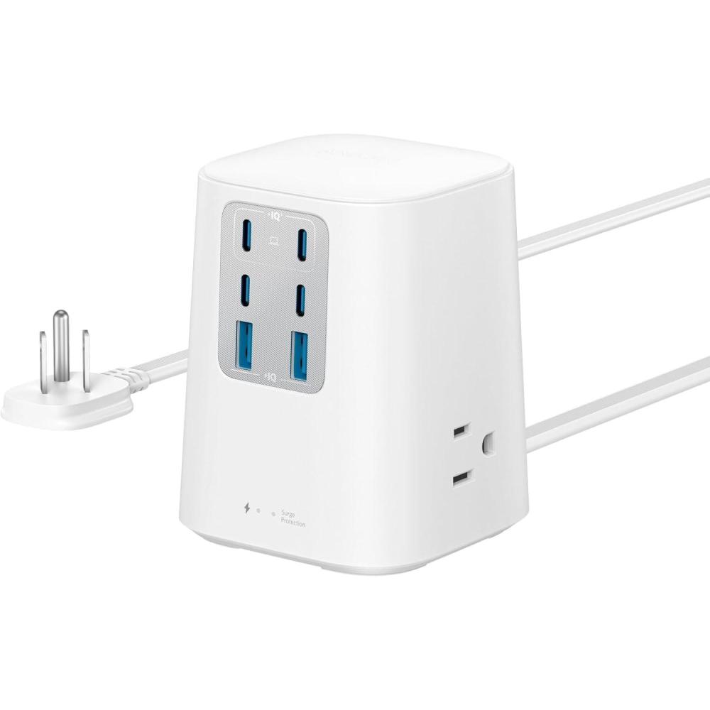imageAnker Charging Station 100W 9in1 USBC Power Strip with 300J Surge Protection for iPhone 16 and MacBook 5 ft Flat Cable and Plug 4 USBC and 2 USBA Ports 3 AC Outlets for Home OfficeWhite