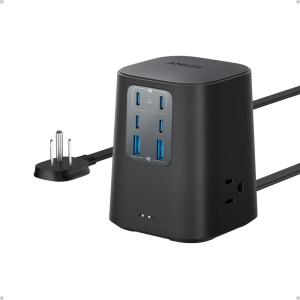 Anker Charging Station (100W), 9-in-1 USB-C Power Strip with 300J Surge Protection, for iPhone 16 and MacBook, 5 ft Flat Cable and Plug, 4 USB-C and 2 USB-A Ports, 3 AC Outlets, for Home, Office(Black)