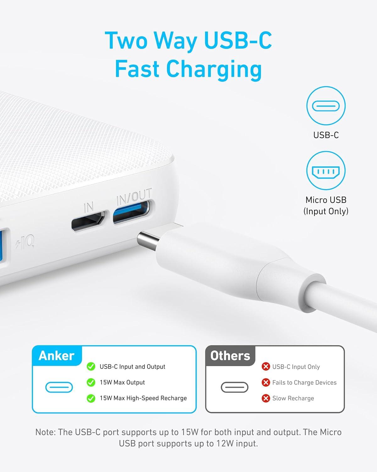 imageAnker Power BankPowerCore 10K Compact TravelReady 10000mAh Battery Pack with PowerIQ Charging Technology 5V3A HighSpeed Charging for iPhone iPadand MoreUSBC Input and OutputBlack 1packUSBC Input and OutputWhite