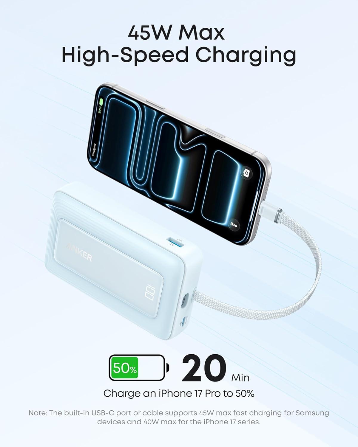imageAnker Zolo Power Bank 2025 Upgraded Version 45W Max Fast Charging 20000mAh Battery Pack Dual Builtin USBC Cables USBCampA Port for iPhone 1716 Series Galaxy MacBook and MoreBlue