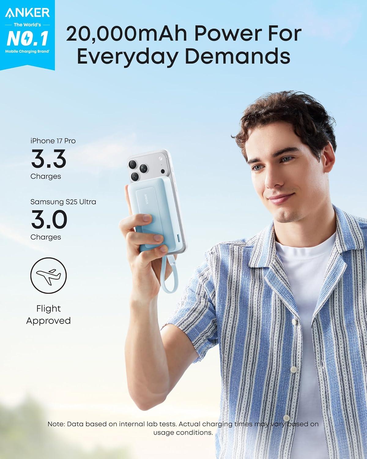 imageAnker Zolo Power Bank 2025 Upgraded Version 45W Max Fast Charging 20000mAh Battery Pack Dual Builtin USBC Cables USBCampA Port for iPhone 1716 Series Galaxy MacBook and MoreBlue