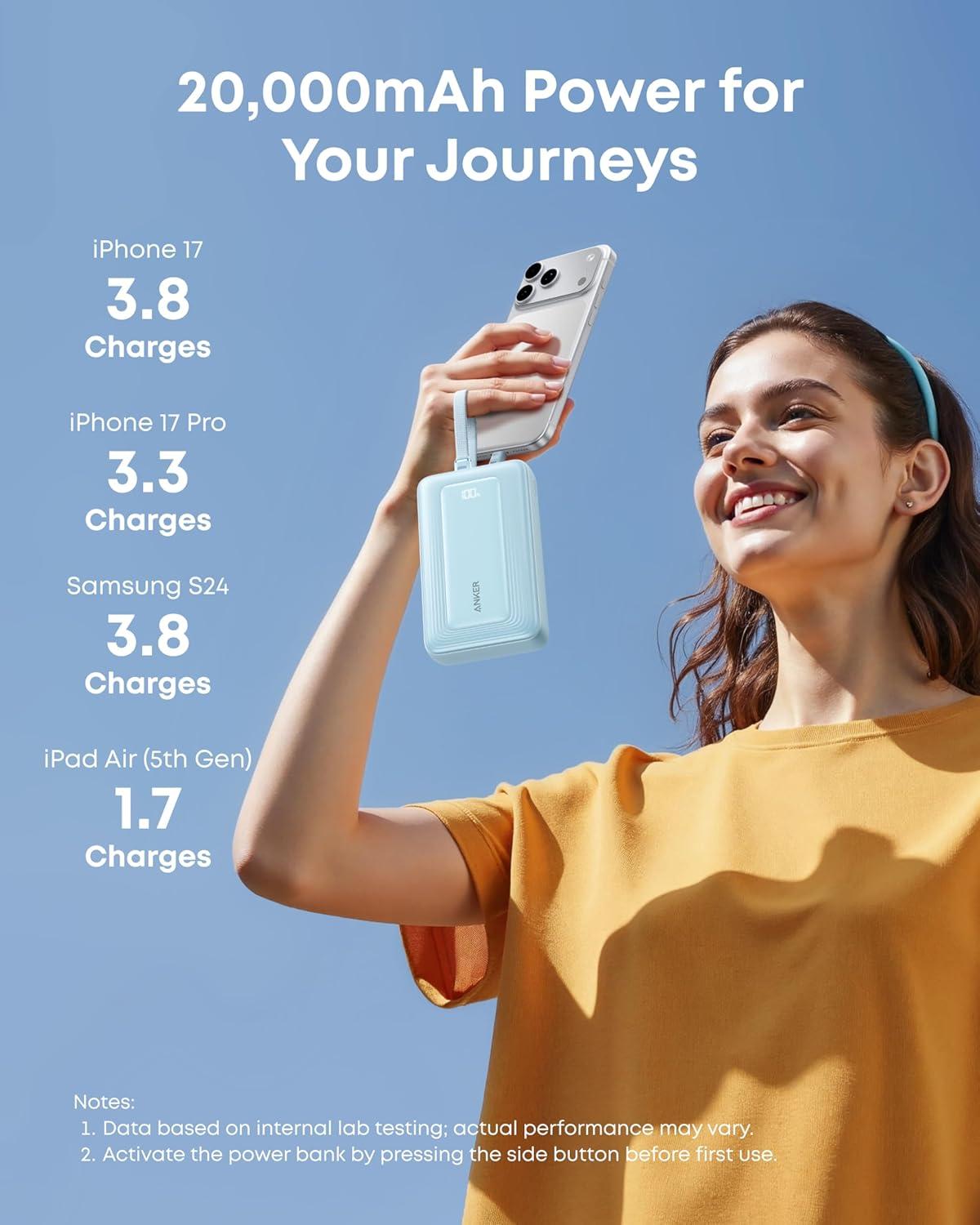 imageAnker Zolo Power Bank 2025 Upgraded Version 45W Max Fast Charging 20000mAh Battery Pack Dual Builtin USBC Cables USBCampA Port for iPhone 1716 Series Galaxy MacBook and MoreBlue