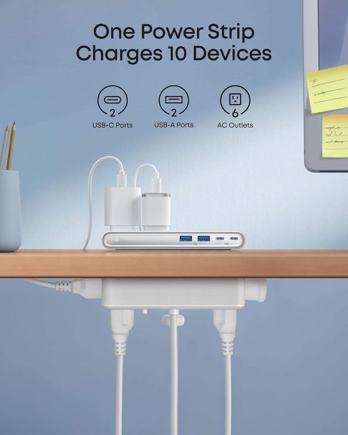 imageAnker Nano Power Strip Desk Clamp with 1500J Surge Protector 5ft Extension Cord 70W Max Gaming Desk Accessories 6 AC 2 USB A 2 USB C Home Office Essentials Fit 0618 Tabletop EdgeBlack