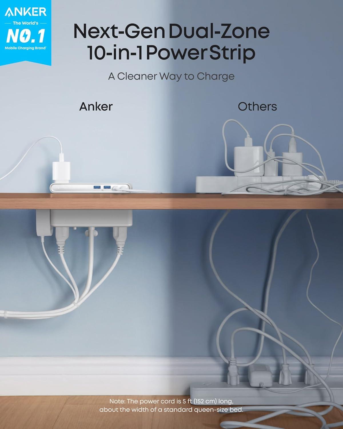 imageAnker Nano Power Strip Desk Clamp with 1500J Surge Protector 5ft Extension Cord 70W Max Gaming Desk Accessories 6 AC 2 USB A 2 USB C Home Office Essentials Fit 0618 Tabletop EdgeBlack