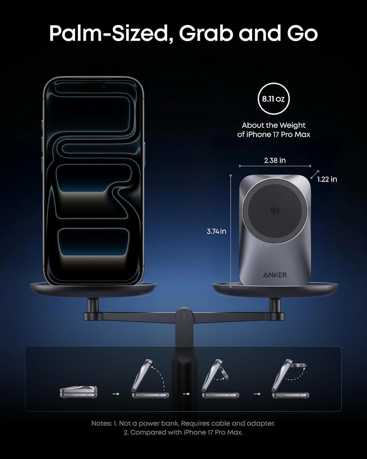 imageAnker Prime 3in1 Charging Station AirCool Wireless Charger 25W Qi22Certified PalmSized Foldable MagSafe Charger Compatible with iPhone 17 Apple Watch AirPods NonBattery with AdapterPhantom Gray