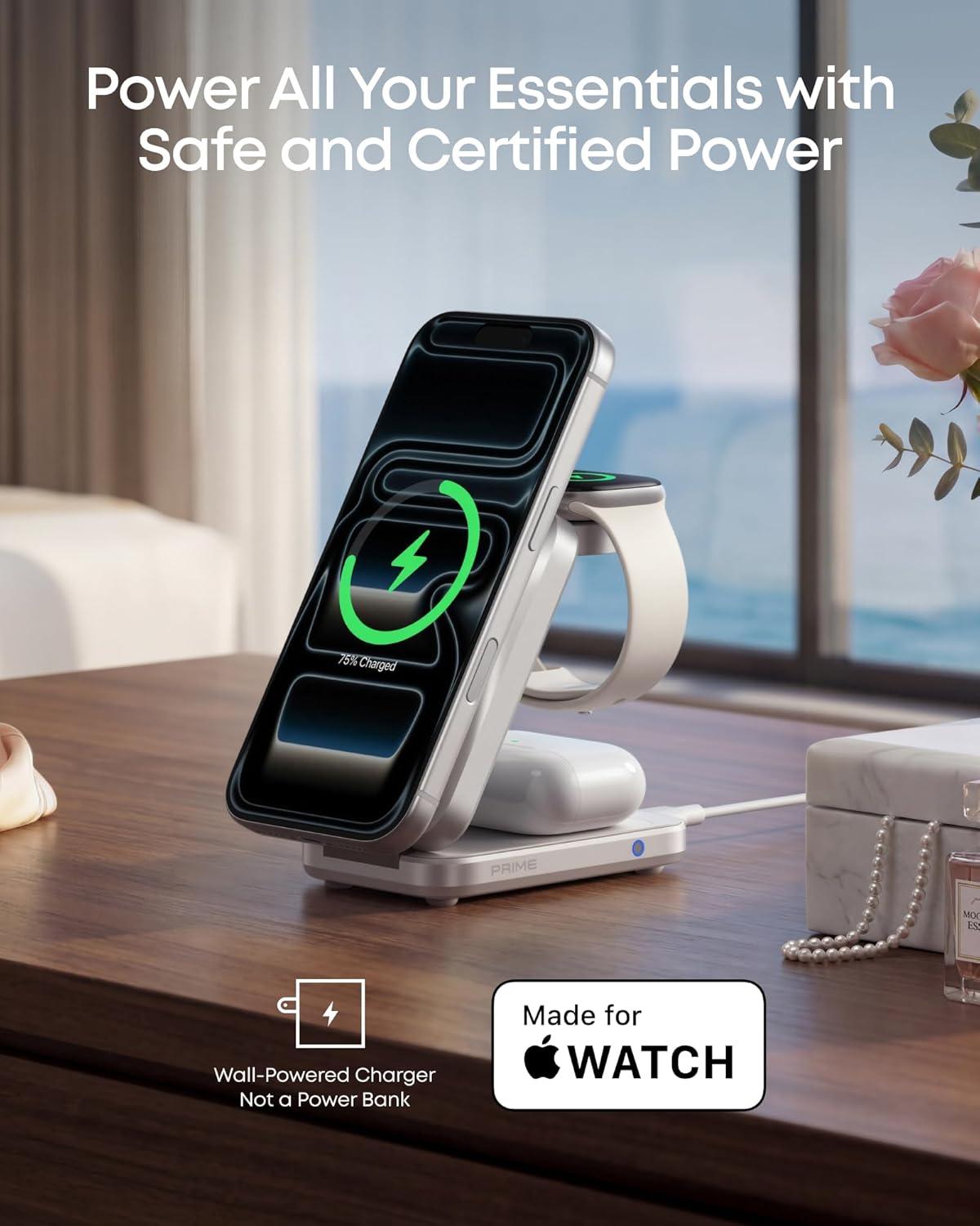 imageAnker Prime 3in1 Charging Station AirCool Wireless Charger 25W Qi22Certified PalmSized Foldable MagSafe Charger Compatible with iPhone 17 Apple Watch AirPods NonBattery with AdapterRadiant White