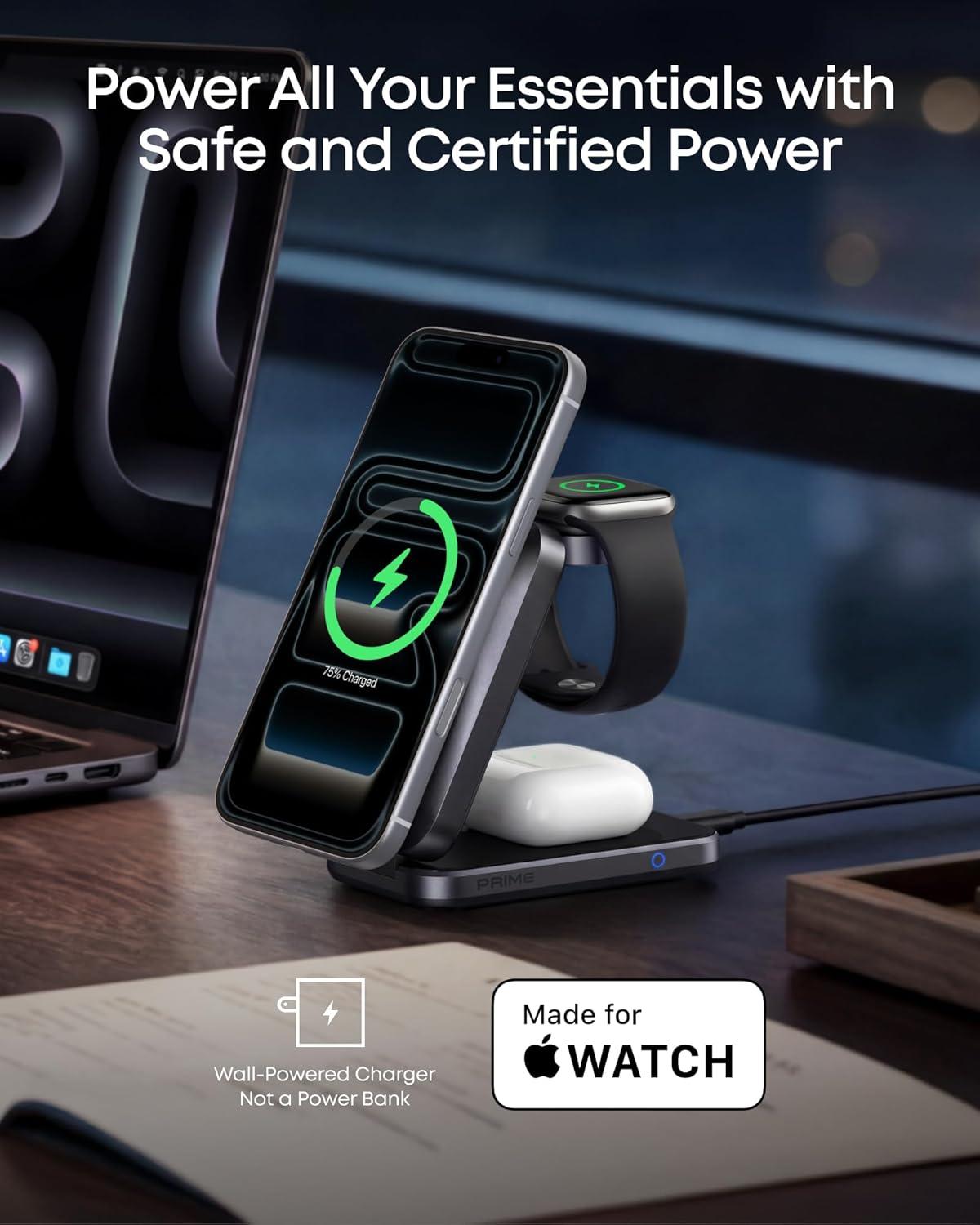 imageAnker Prime 3in1 Charging Station AirCool Wireless Charger 25W Qi22Certified PalmSized Foldable MagSafe Charger Compatible with iPhone 17 Apple Watch AirPods NonBattery with AdapterPhantom Gray
