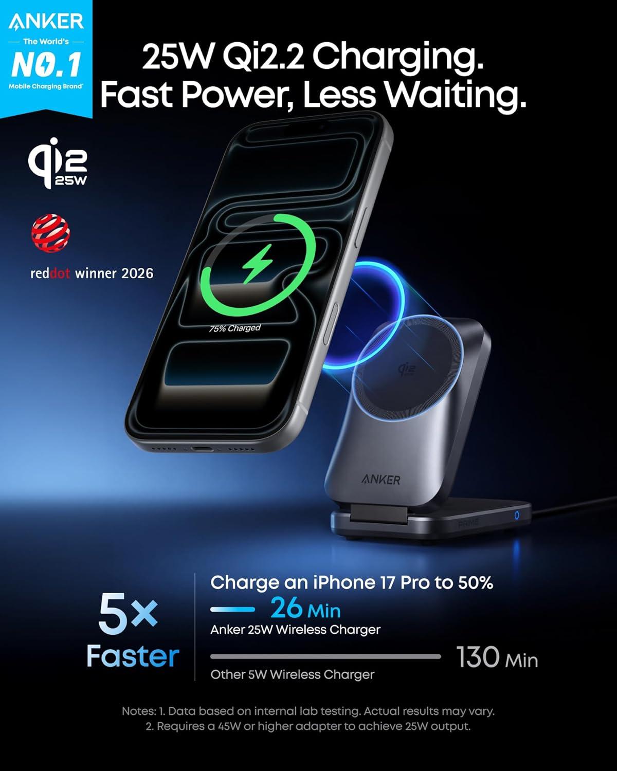 imageAnker Prime 3in1 Charging Station AirCool Wireless Charger 25W Qi22Certified PalmSized Foldable MagSafe Charger Compatible with iPhone 17 Apple Watch AirPods NonBattery with AdapterPhantom Gray