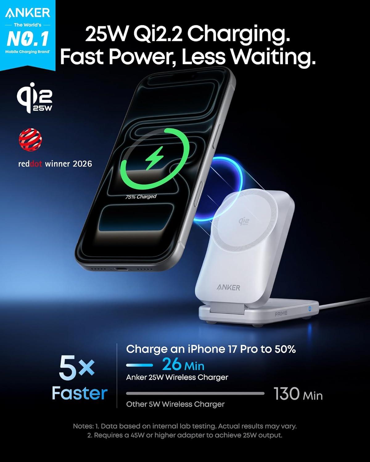 imageAnker Prime 3in1 Charging Station AirCool Wireless Charger 25W Qi22Certified PalmSized Foldable MagSafe Charger Compatible with iPhone 17 Apple Watch AirPods NonBattery with AdapterRadiant White