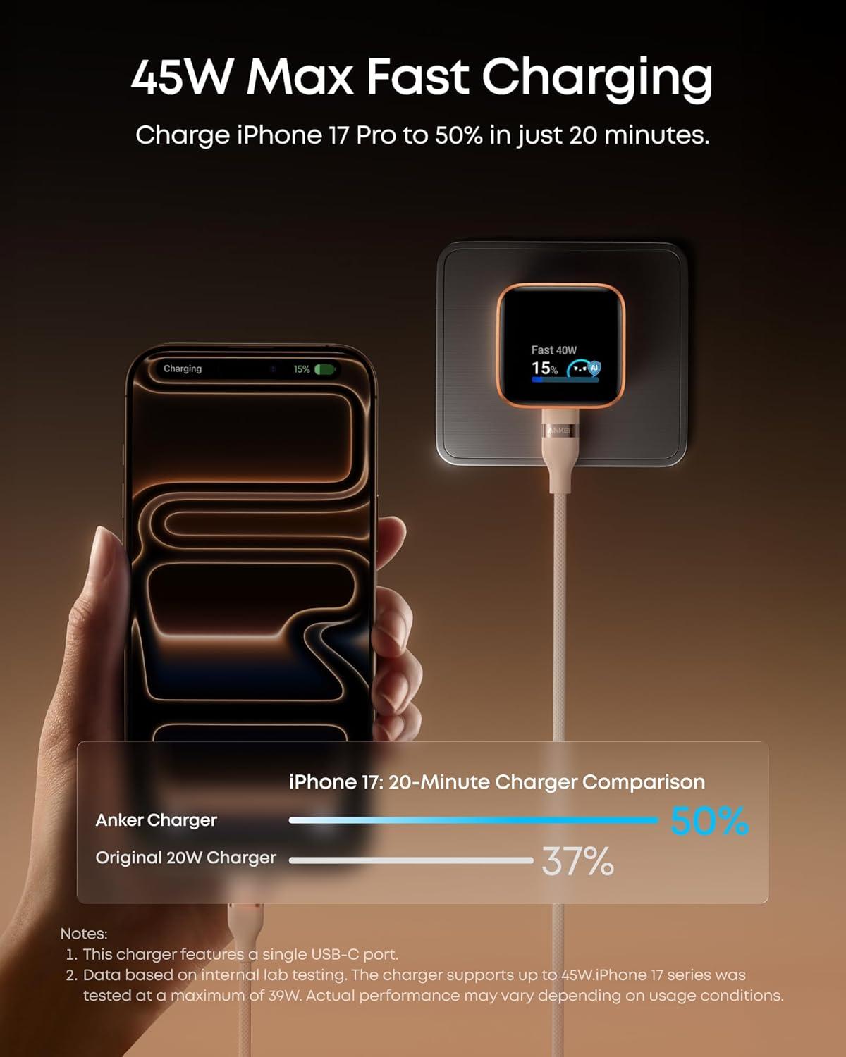 imageAnker Smart Display Charger Anker Nano USB C Charger Block 45W Max GaN Phone Charger180 Foldable PlugSmart RecognitionBuiltin Care Modefor iPhone171615NonBatteryOne USBC PortNo CableBlack