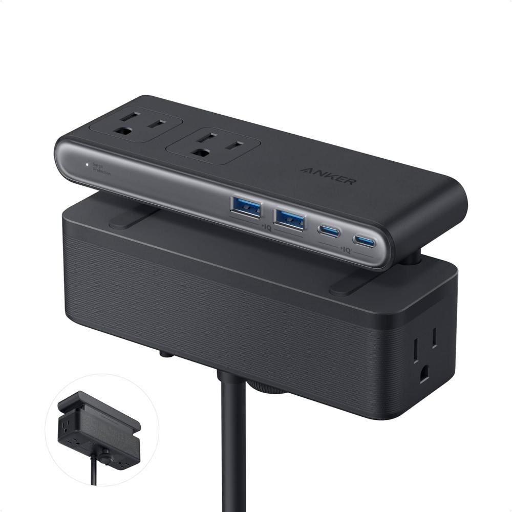 imageAnker Nano Power Strip Desk Clamp with 1500J Surge Protector 5ft Extension Cord 70W Max Gaming Desk Accessories 6 AC 2 USB A 2 USB C Home Office Essentials Fit 0618 Tabletop EdgeBlack