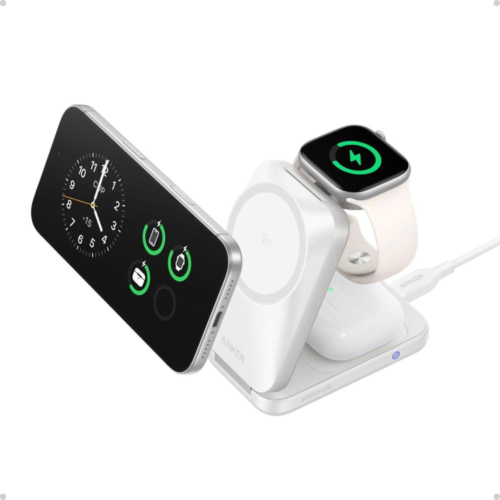 imageAnker Prime 3in1 Charging Station AirCool Wireless Charger 25W Qi22Certified PalmSized Foldable MagSafe Charger Compatible with iPhone 17 Apple Watch AirPods NonBattery with AdapterRadiant White