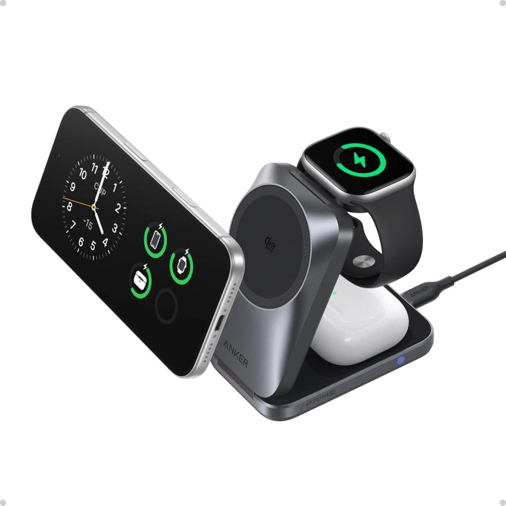 imageAnker Prime 3in1 Charging Station AirCool Wireless Charger 25W Qi22Certified PalmSized Foldable MagSafe Charger Compatible with iPhone 17 Apple Watch AirPods NonBattery with AdapterPhantom Gray