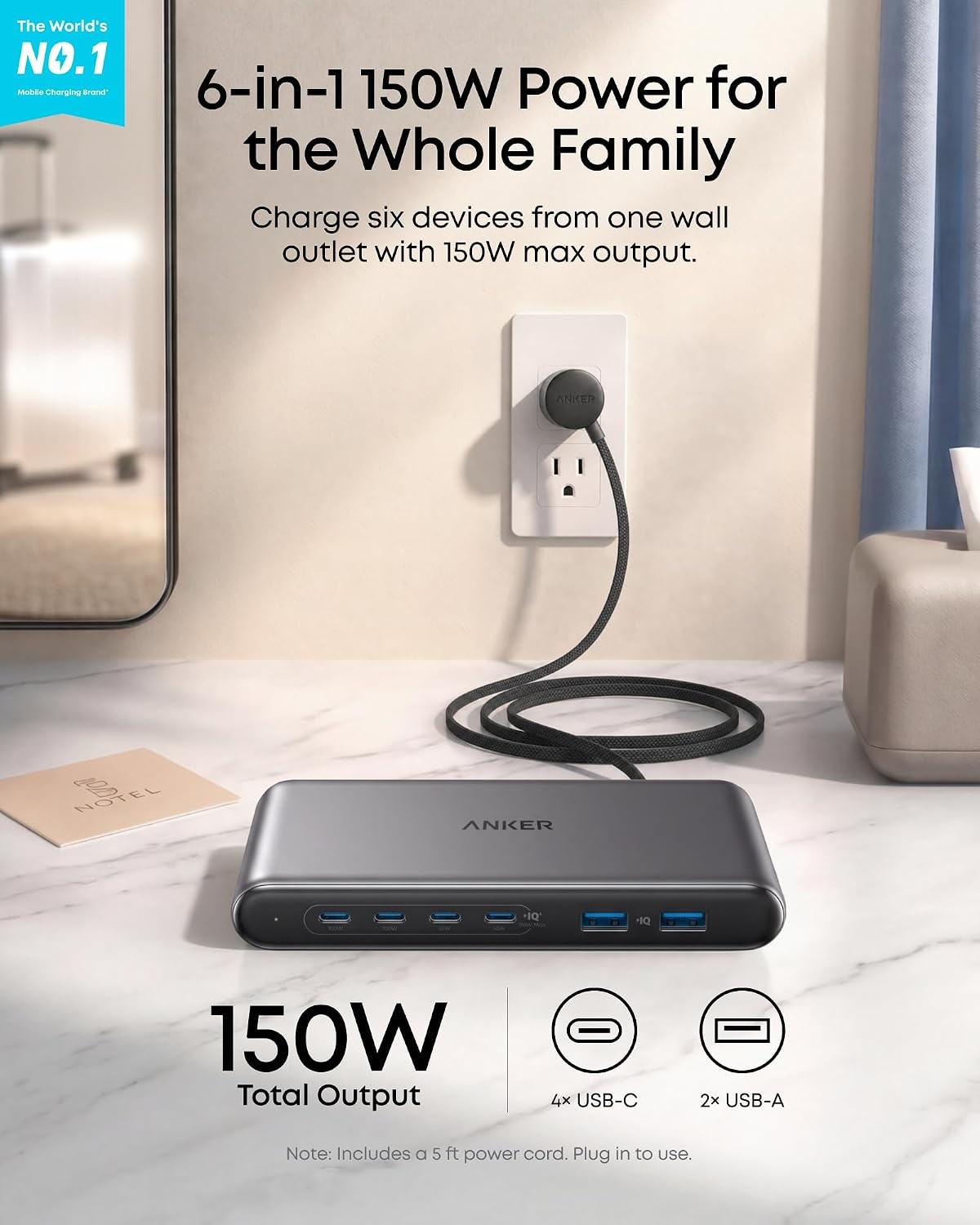image:imageAnker Travel Charging Station 150W Slim USB C Charger 4 USB C 2 USB A